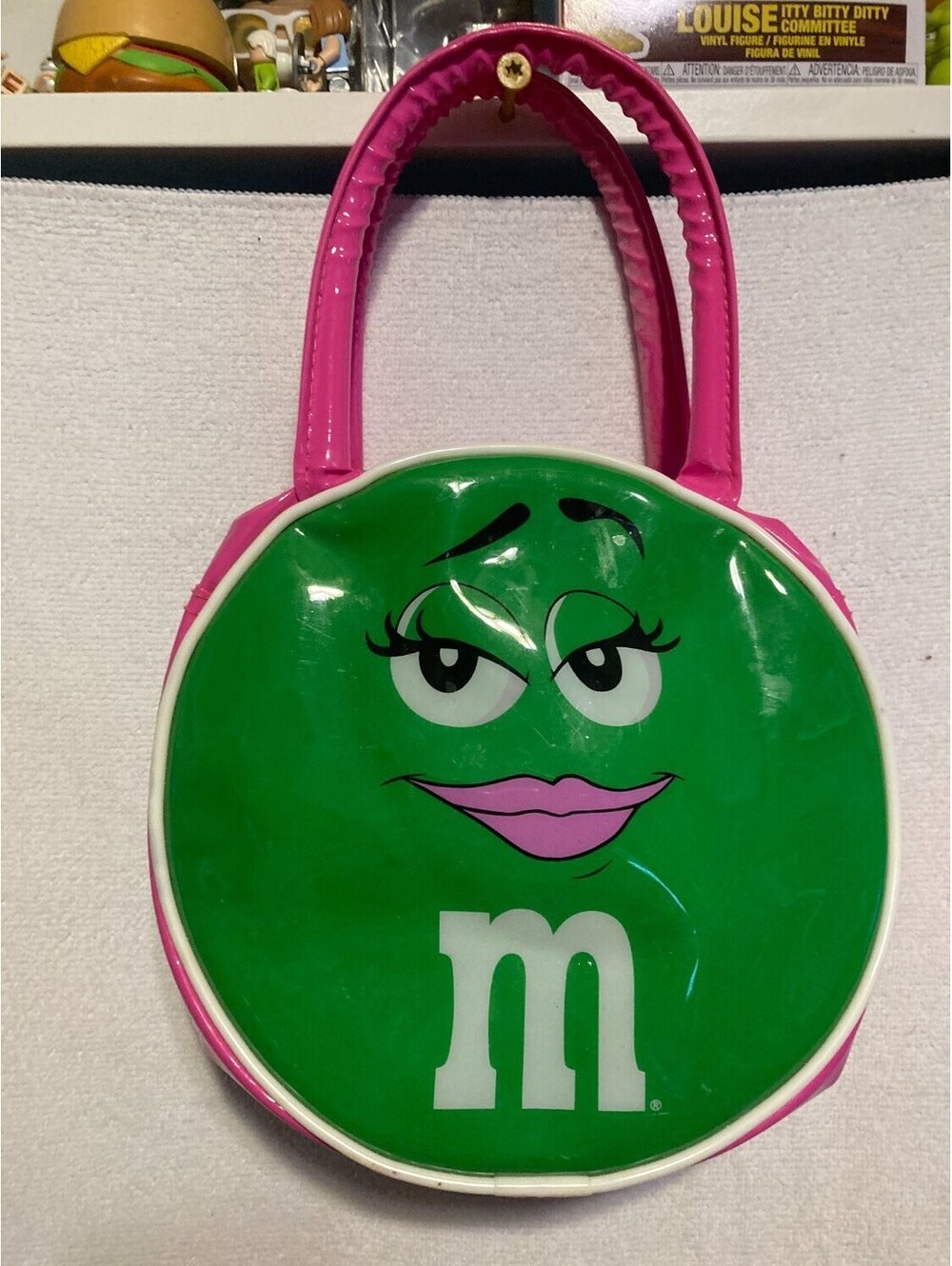 M&M's Green M Character Handbag Purse Pink Handles Novelty White design molded